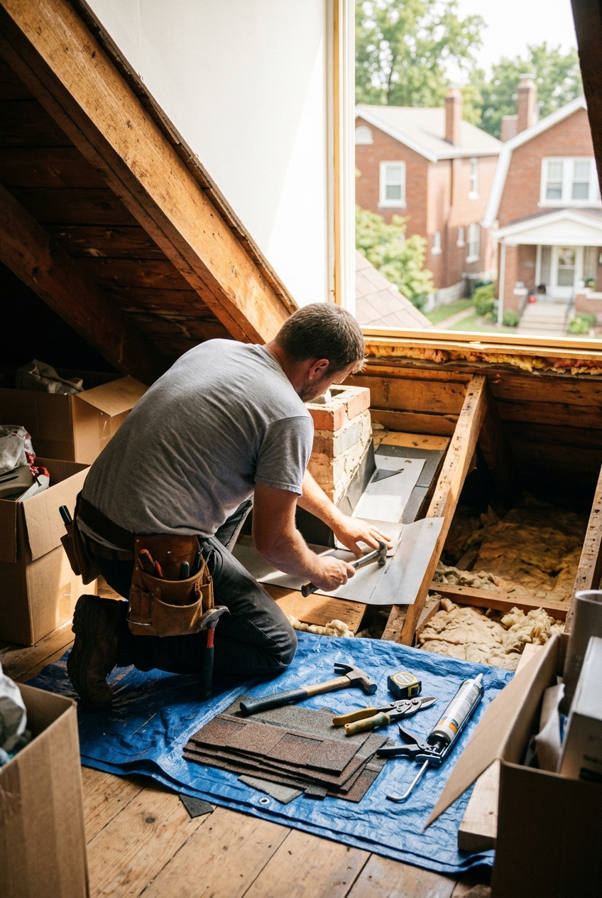 Licensed roofer at work on a St. Louis service call